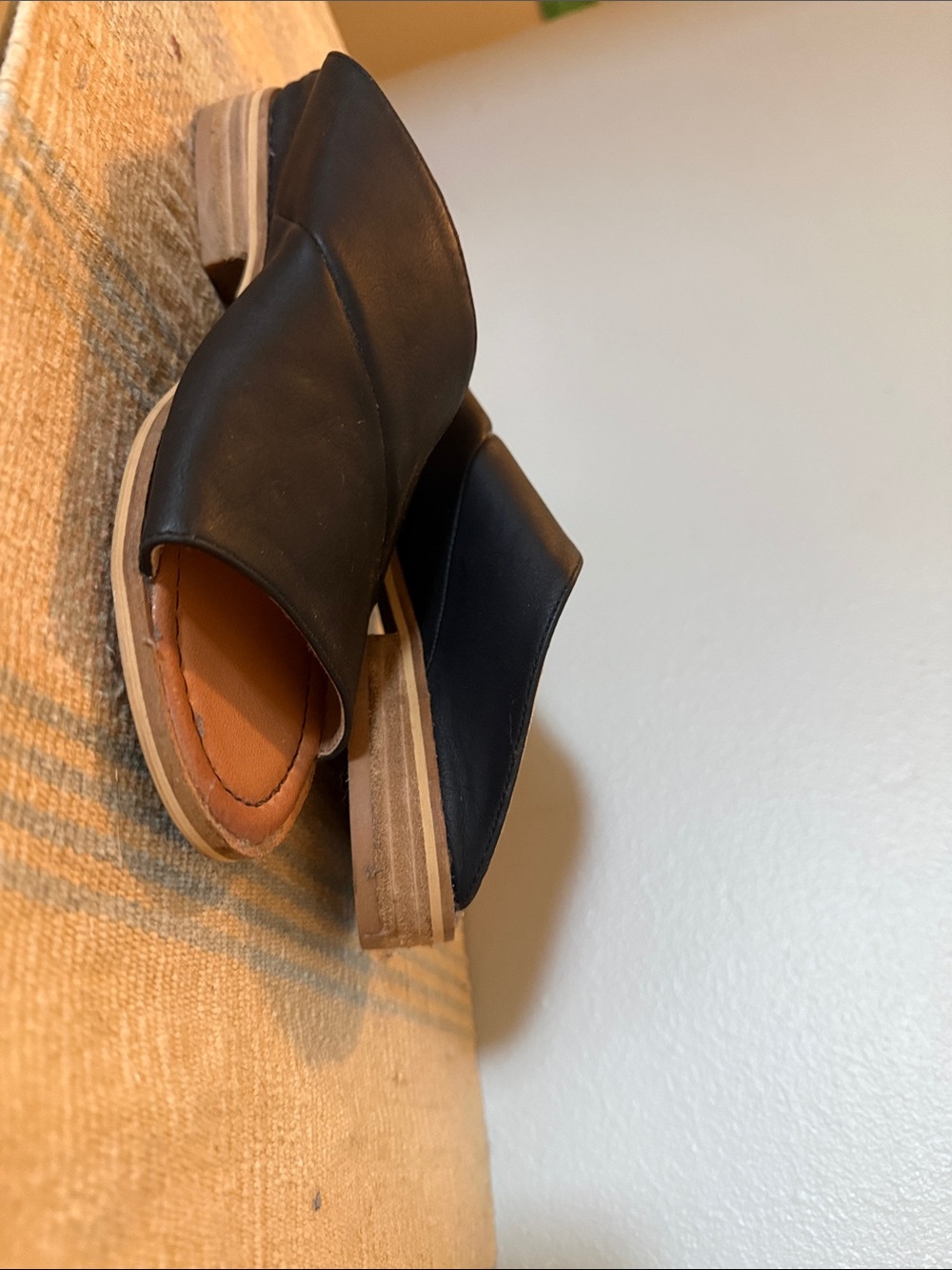 Black Leather Open-Back Mules with Stacked Heel